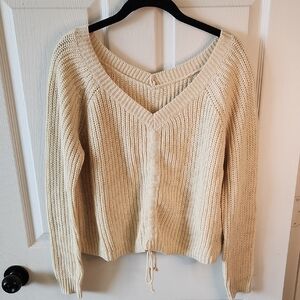 Cozy Cream Knit Crop Sweater With Optional Tie Cinch Up, NWT, Sz S/M